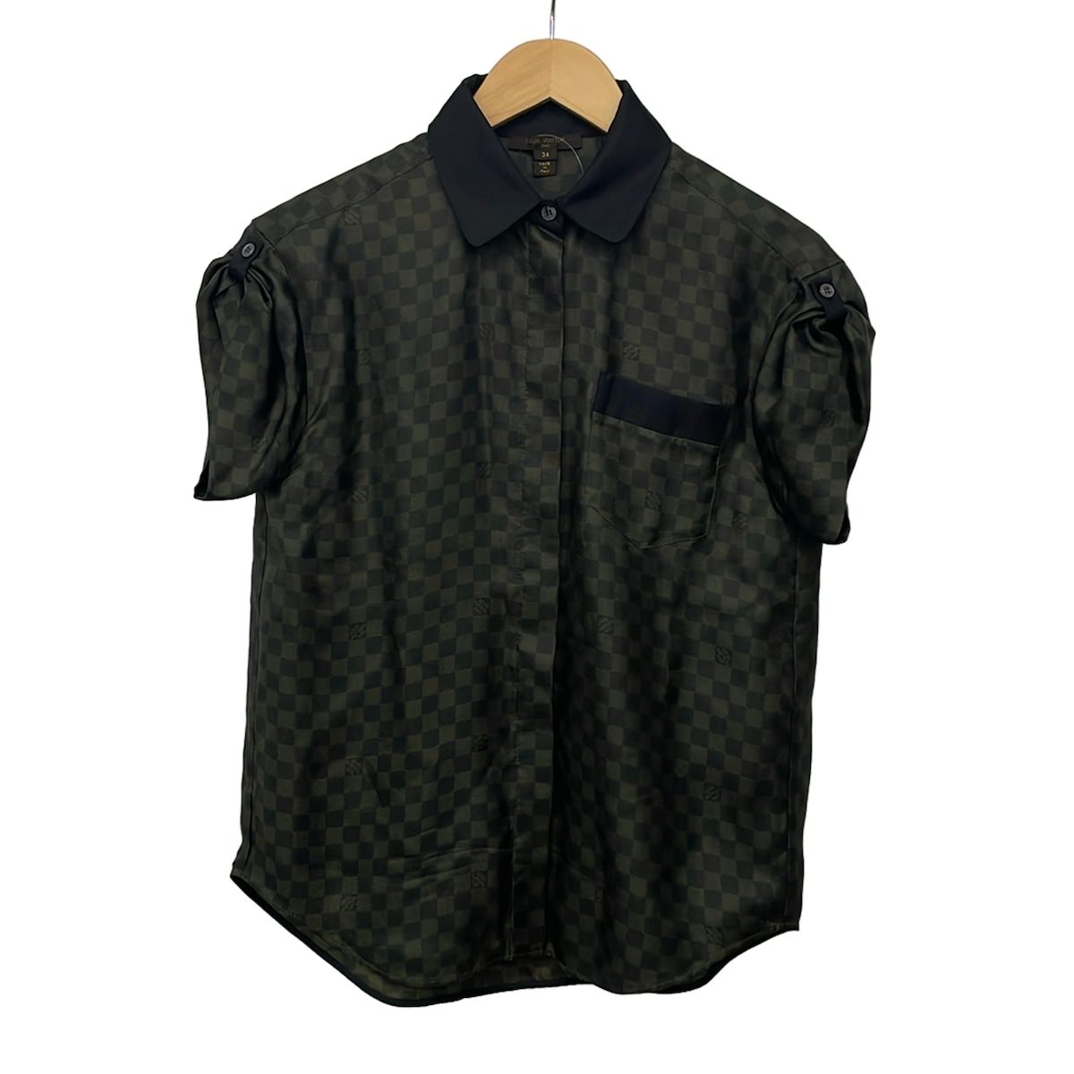 Louis Vuitton Short Sleeve Shirt Blouse 34 S Khaki Black Silk Damier Pattern