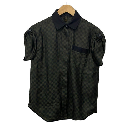 Louis Vuitton Short Sleeve Shirt Blouse 34 S Khaki Black Silk Damier Pattern