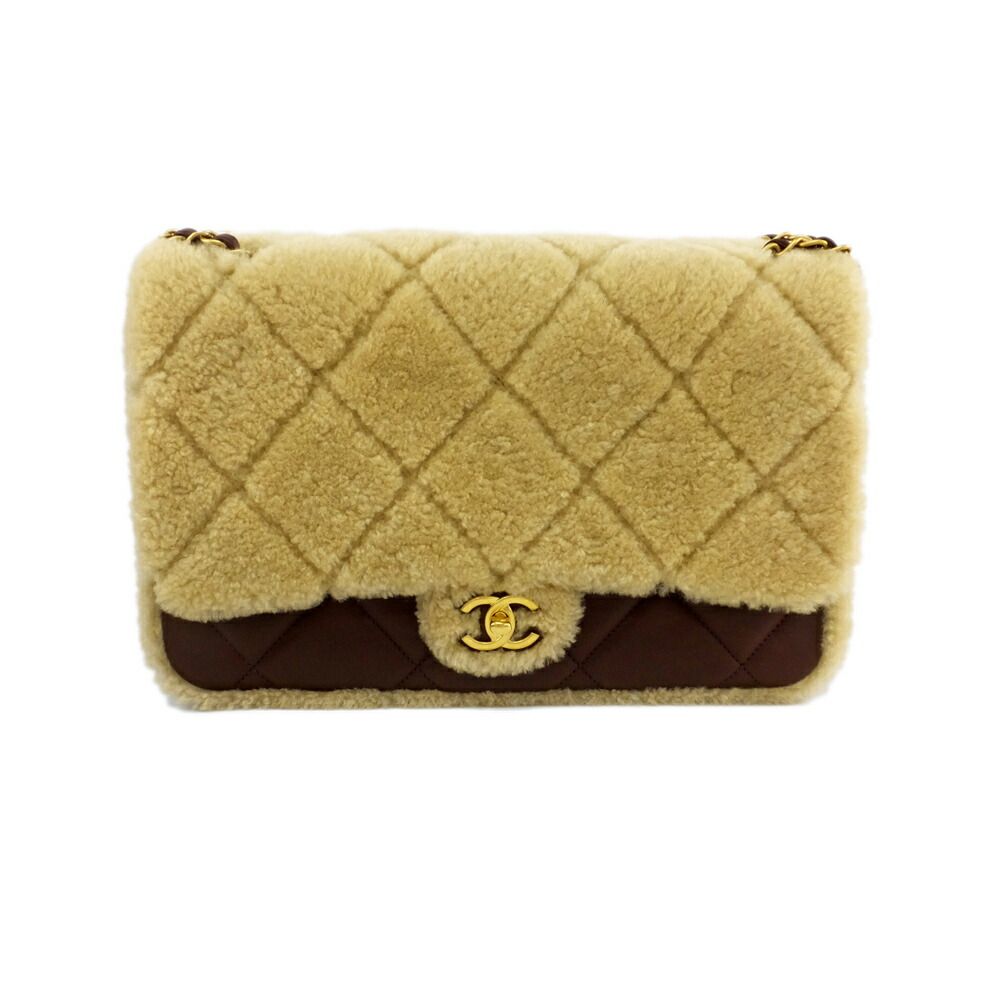 Chanel Ten Maxi Quilted Shearling Lambskin CC Logo 2-Way Gold Brown Shoulder Bag
