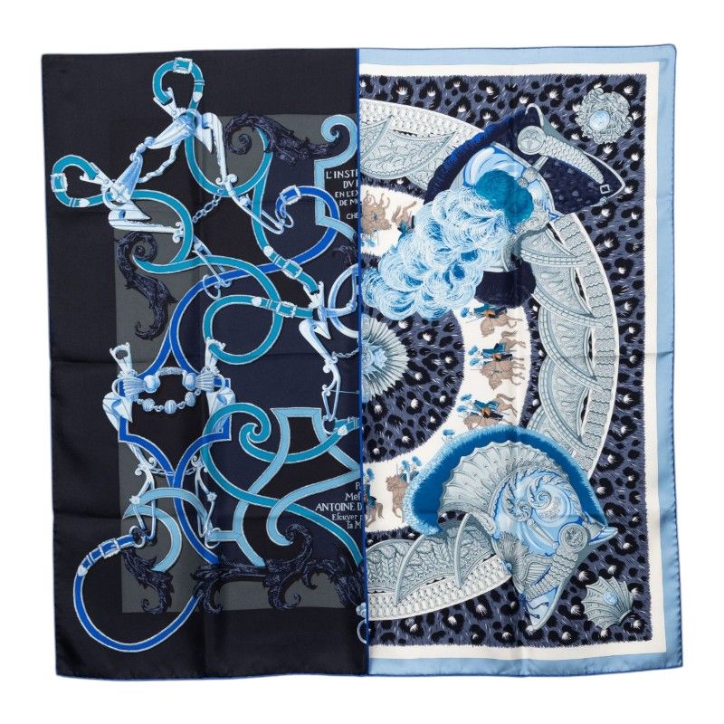 Hermes Carre 90 Plumets du Roy King's Feather Scarf Navy Blue Silk