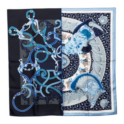 Hermes Carre 90 Plumets du Roy King's Feather Scarf Navy Blue Silk
