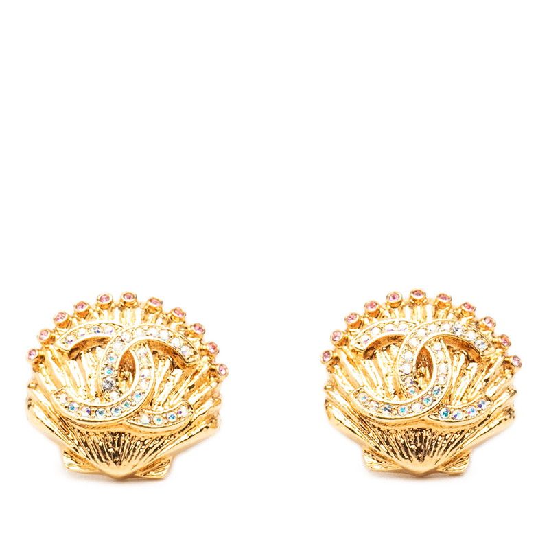 Chanel CC Logo Shell Motif Earrings Gold Plated Rhinestone