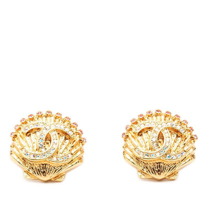 Chanel CC Logo Shell Motif Earrings Gold Plated Rhinestone