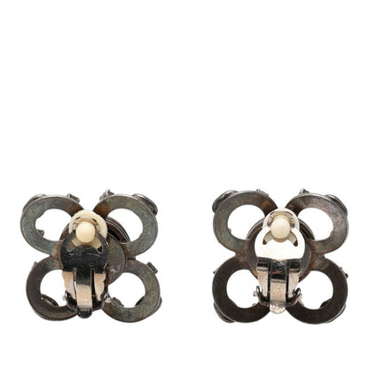 Chanel Flower Motif Earrings Silver Black Metal Rhinestone — view 2