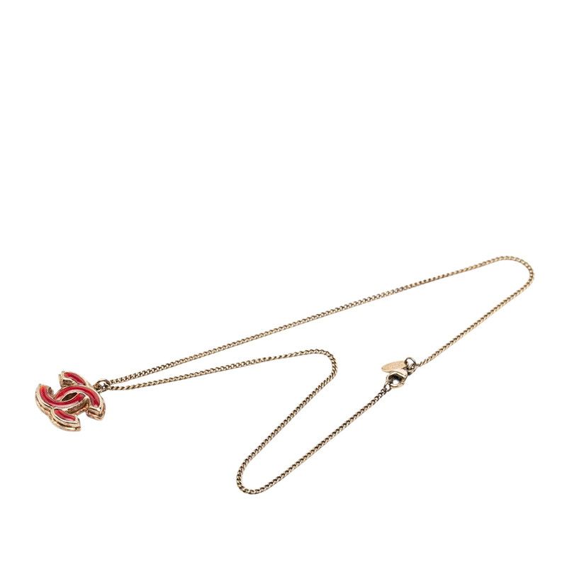 Chanel Vintage CC Logo Necklace Gold Red Plated