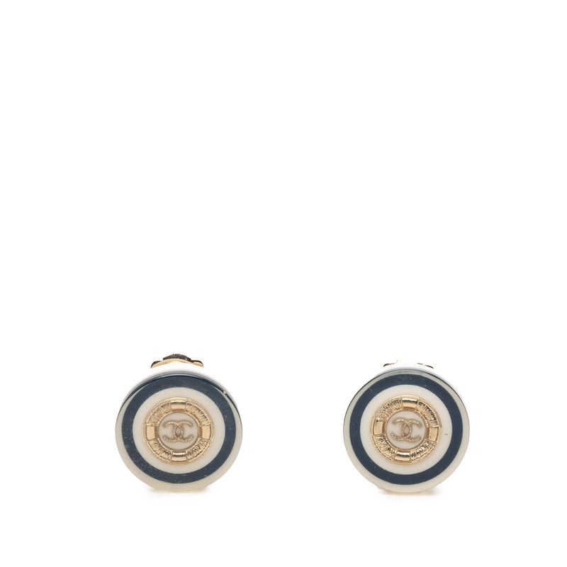 Chanel CC Logo Earrings Gold Navy White Plated Plastic