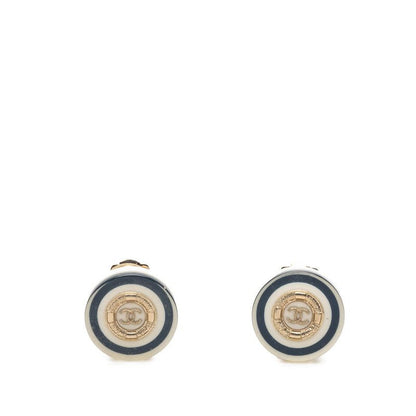 Chanel CC Logo Earrings Gold Navy White Plated Plastic