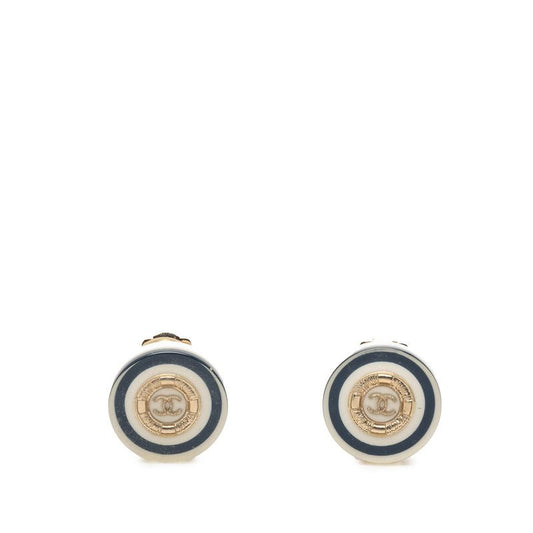Chanel CC Logo Earrings Gold Navy White Plated Plastic