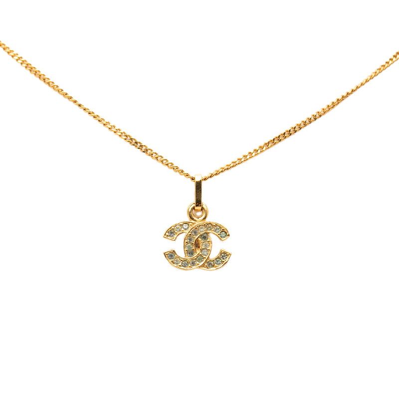 Chanel CC Logo Necklace Gold Green Plated Rhinestone — view 2