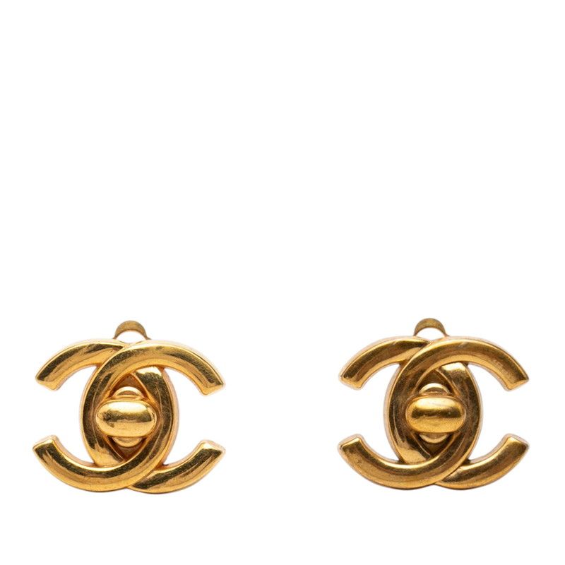 Chanel Vintage CC Logo Turnlock Motif Earrings Gold Plated