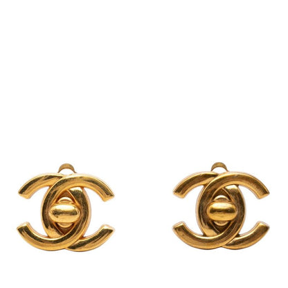 Chanel Vintage CC Logo Turnlock Motif Earrings Gold Plated