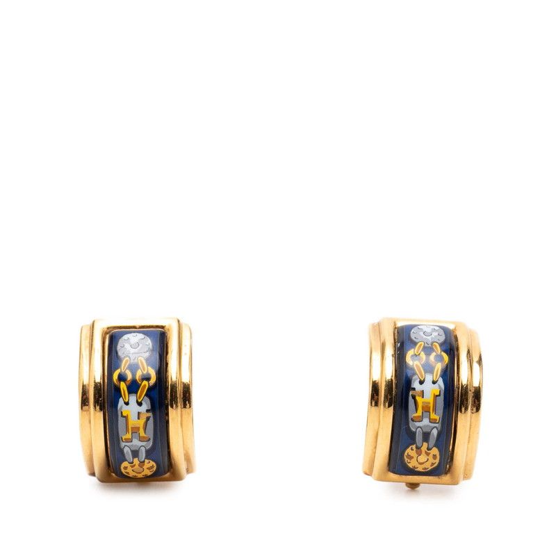 Hermes Enamel Cloisonne Chain Motif Earrings Gold Navy Plated