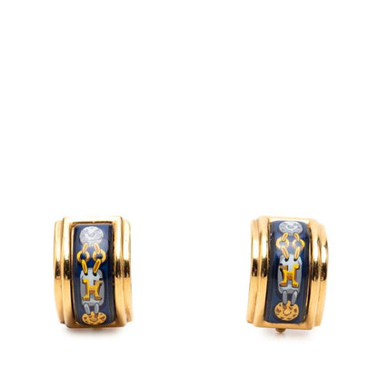 Hermes Enamel Cloisonne Chain Motif Earrings Gold Navy Plated