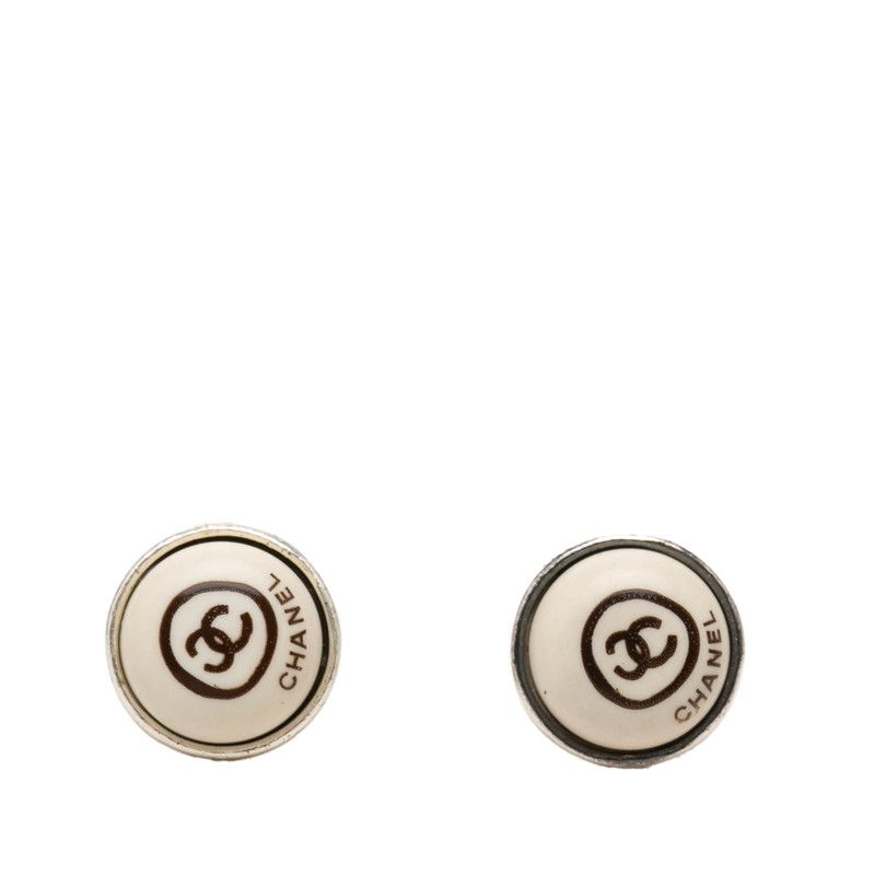 Chanel CC Logo Earrings Silver Ivory Metal