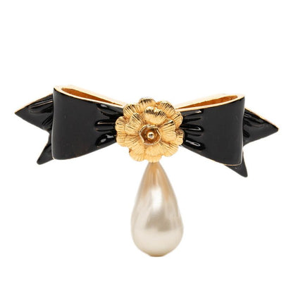 Chanel Camellia Ribbon Motif Brooch Gold Black Plated Faux Pearl