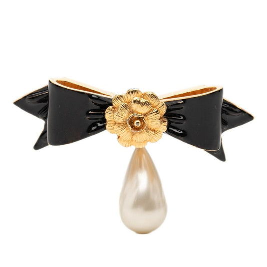 Chanel Camellia Ribbon Motif Brooch Gold Black Plated Faux Pearl
