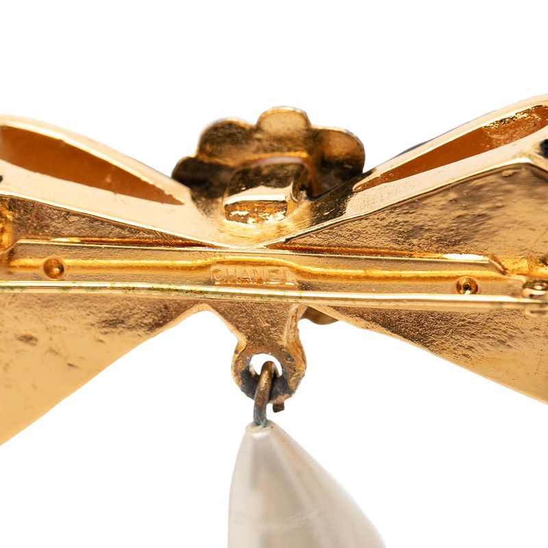 Chanel Camellia Ribbon Motif Brooch Gold Black Plated Faux Pearl — view 3