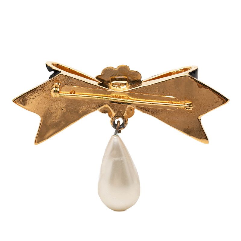 Chanel Camellia Ribbon Motif Brooch Gold Black Plated Faux Pearl — view 2
