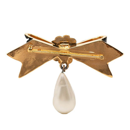 Chanel Camellia Ribbon Motif Brooch Gold Black Plated Faux Pearl — view 2