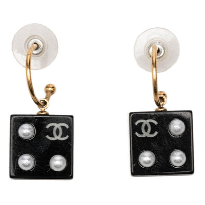 Chanel CC Logo Earrings Gold Black Plated Faux Pearl Plastic