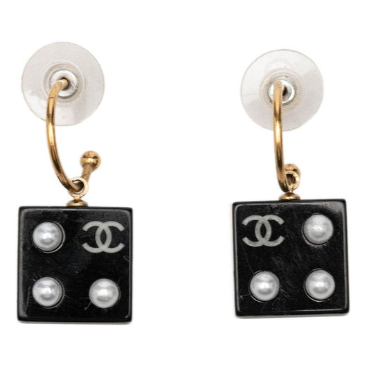 Chanel CC Logo Earrings Gold Black Plated Faux Pearl Plastic