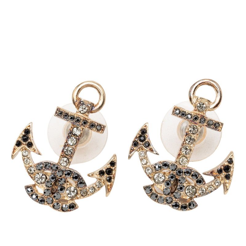Chanel CC Logo Anchor Motif Stud Earrings 18 Gold Black Plated Rhinestone
