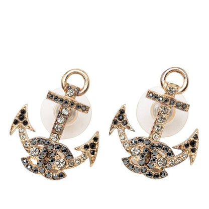 Chanel CC Logo Anchor Motif Stud Earrings 18 Gold Black Plated Rhinestone