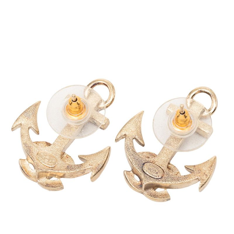 Chanel CC Logo Anchor Motif Stud Earrings 18 Gold Black Plated Rhinestone — view 2