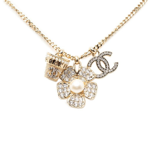 Chanel CC Logo Flower Motif Chain Pendant 23 Gold Plated Rhinestone