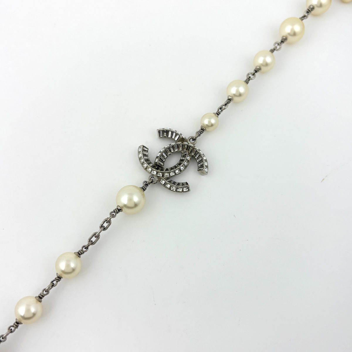 Chanel CC Logo Faux Pearl Necklace Long Silver Plated Rhinestone — view 2