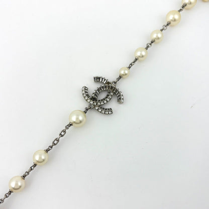 Chanel CC Logo Faux Pearl Necklace Long Silver Plated Rhinestone — view 2
