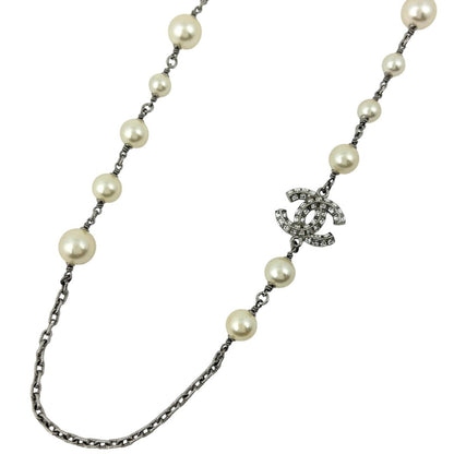 Chanel CC Logo Faux Pearl Necklace Long Silver Plated Rhinestone