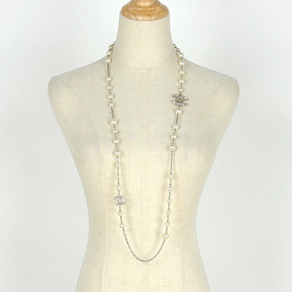 Chanel CC Logo Faux Pearl Necklace Long Silver Plated Rhinestone — view 6