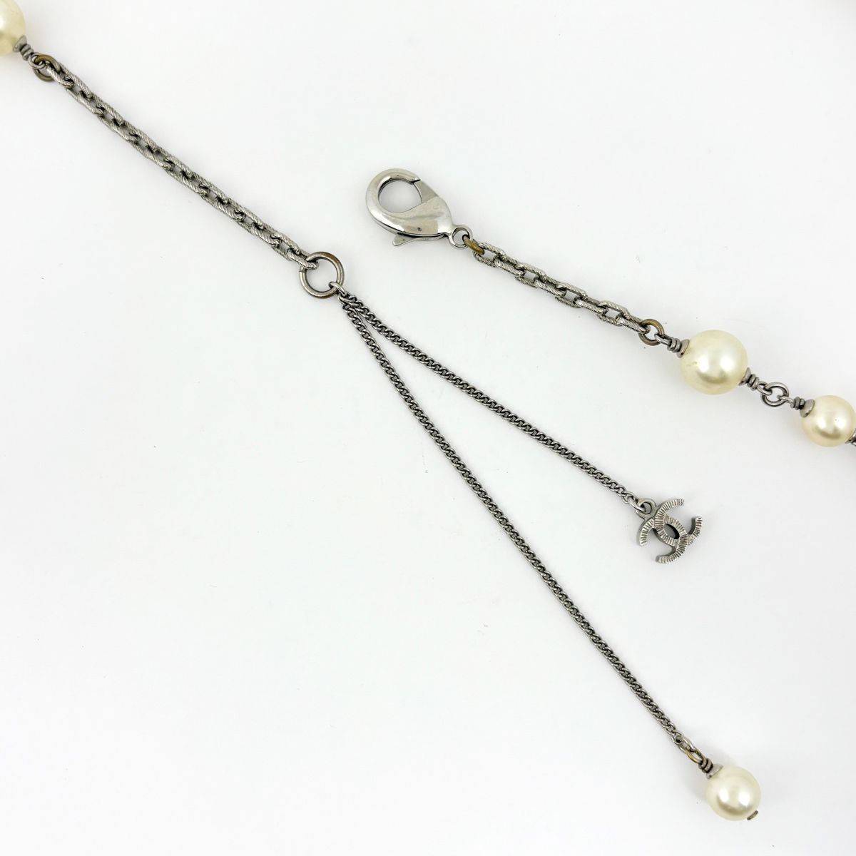 Chanel CC Logo Faux Pearl Necklace Long Silver Plated Rhinestone — view 3