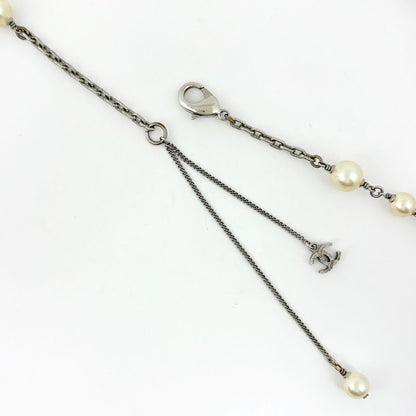 Chanel CC Logo Faux Pearl Necklace Long Silver Plated Rhinestone — view 3
