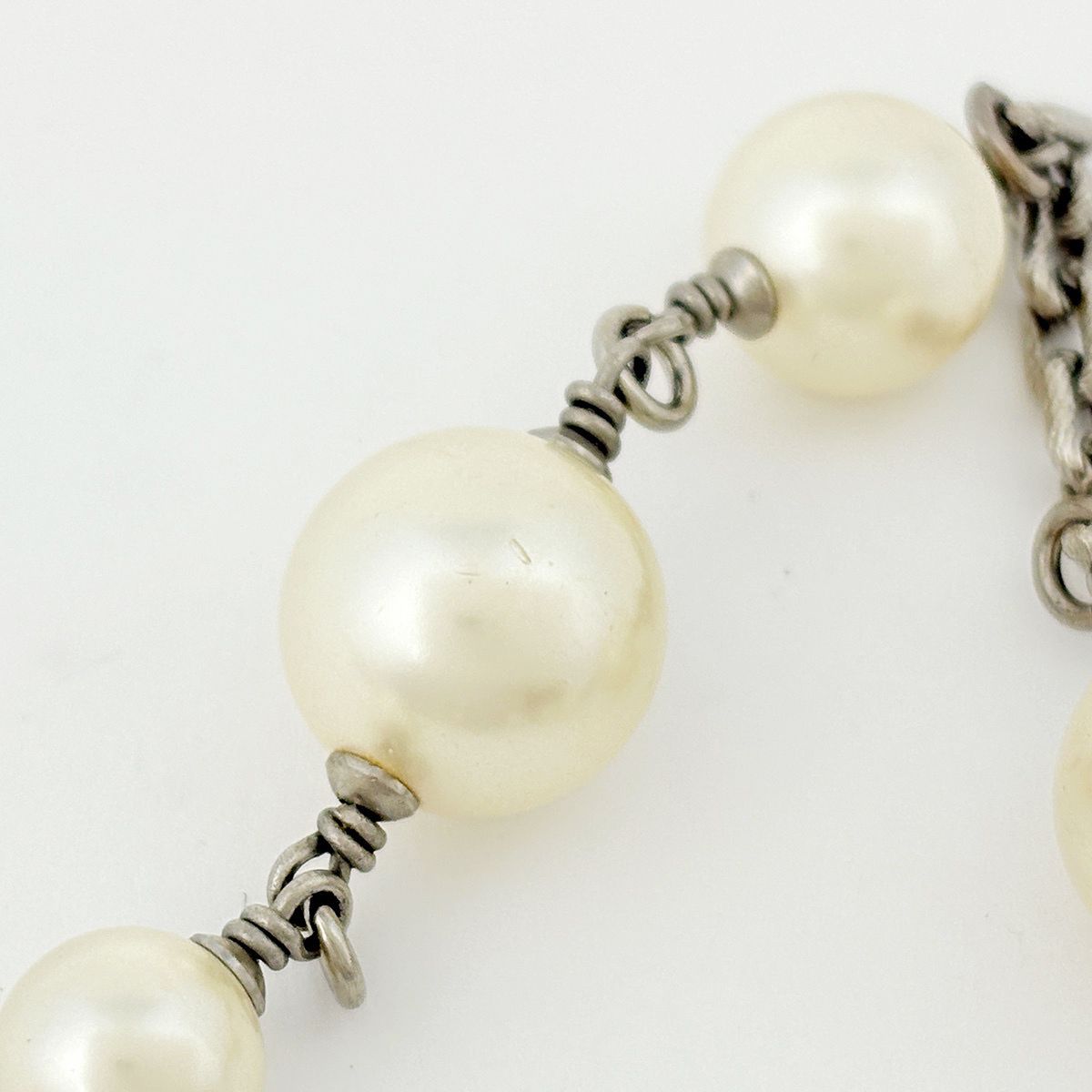 Chanel CC Logo Faux Pearl Necklace Long Silver Plated Rhinestone — view 4