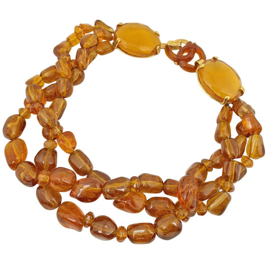 Chanel CC Logo Color Stone Necklace Gold Plated Brown