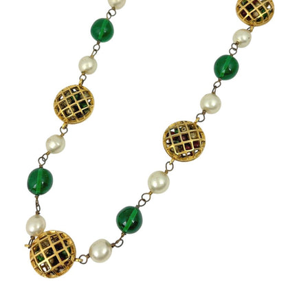 Chanel CC Logo Faux Pearl Necklace Long Visual Color Stone Gold Plated