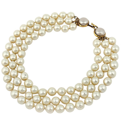 Chanel Faux Pearl Necklace Triple Strand Gold Plated