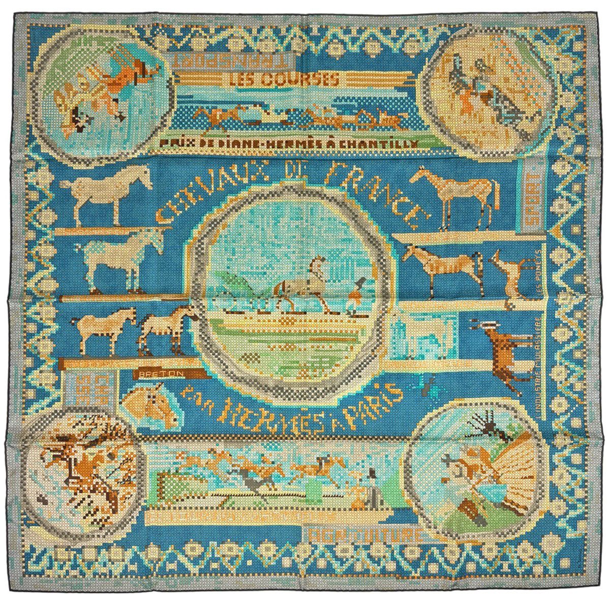 Hermes Carre 90 Super Silk Quest Scarf Blue Multicolor
