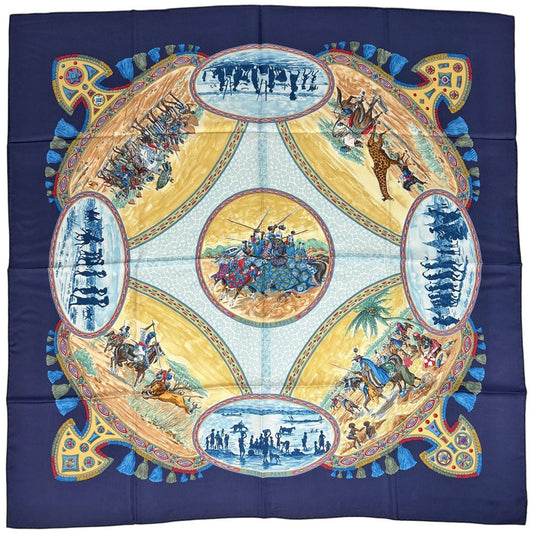 Hermes Carre 90 Cavaliers Peuls Horsemen of the Poule Tribe Scarf Silk Blue