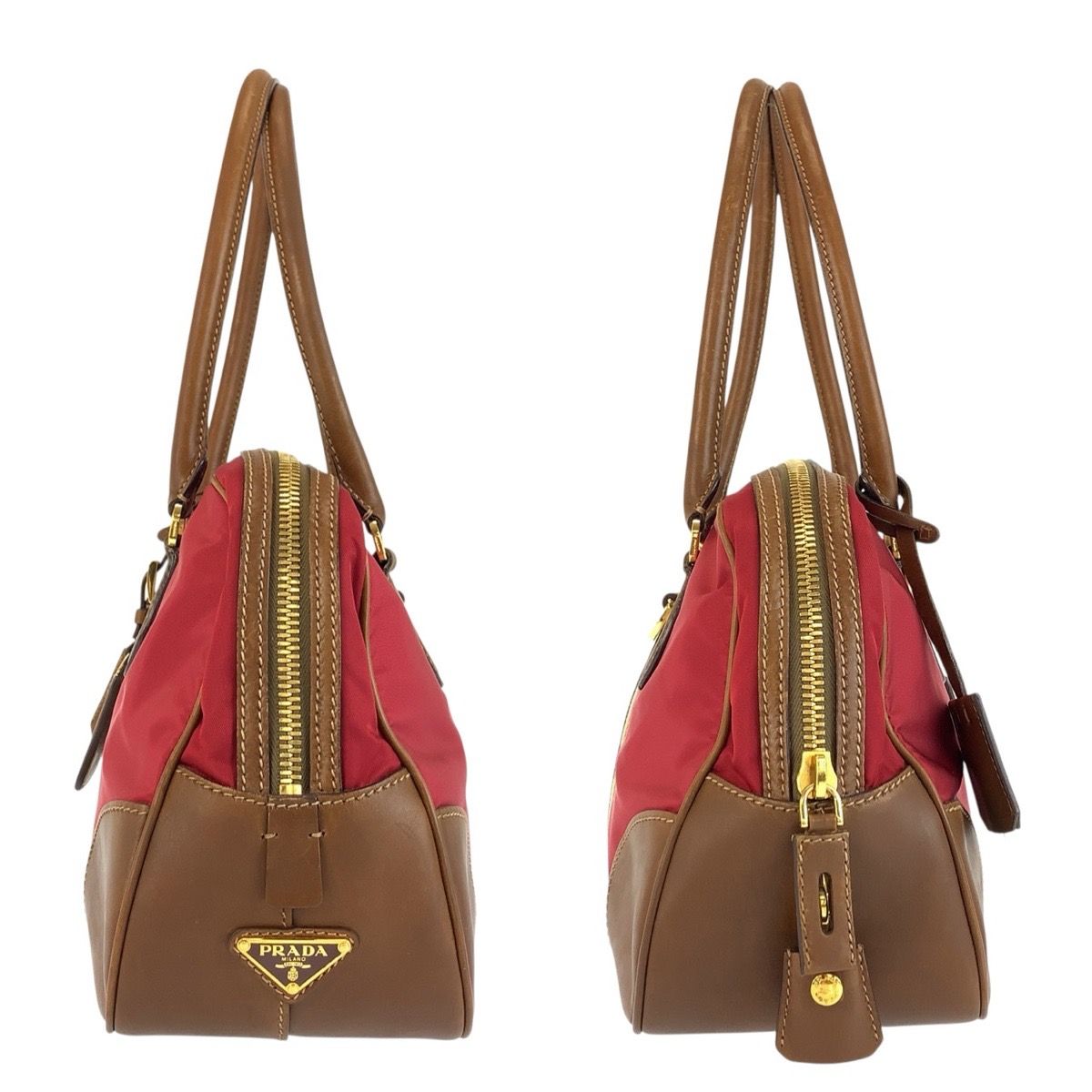 Prada Red Brown Gold Canvas Leather Bowling — view 8