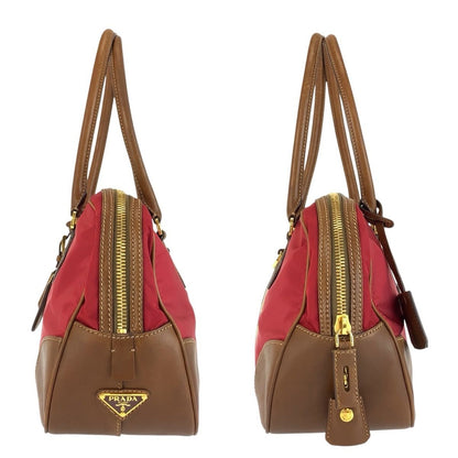 Prada Red Brown Gold Canvas Leather Bowling — view 8