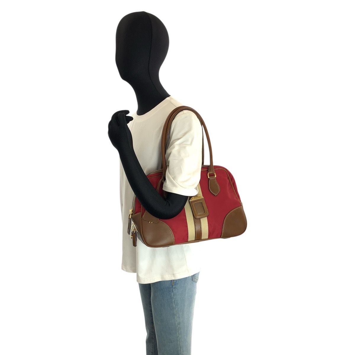 Prada Red Brown Gold Canvas Leather Bowling — view 7