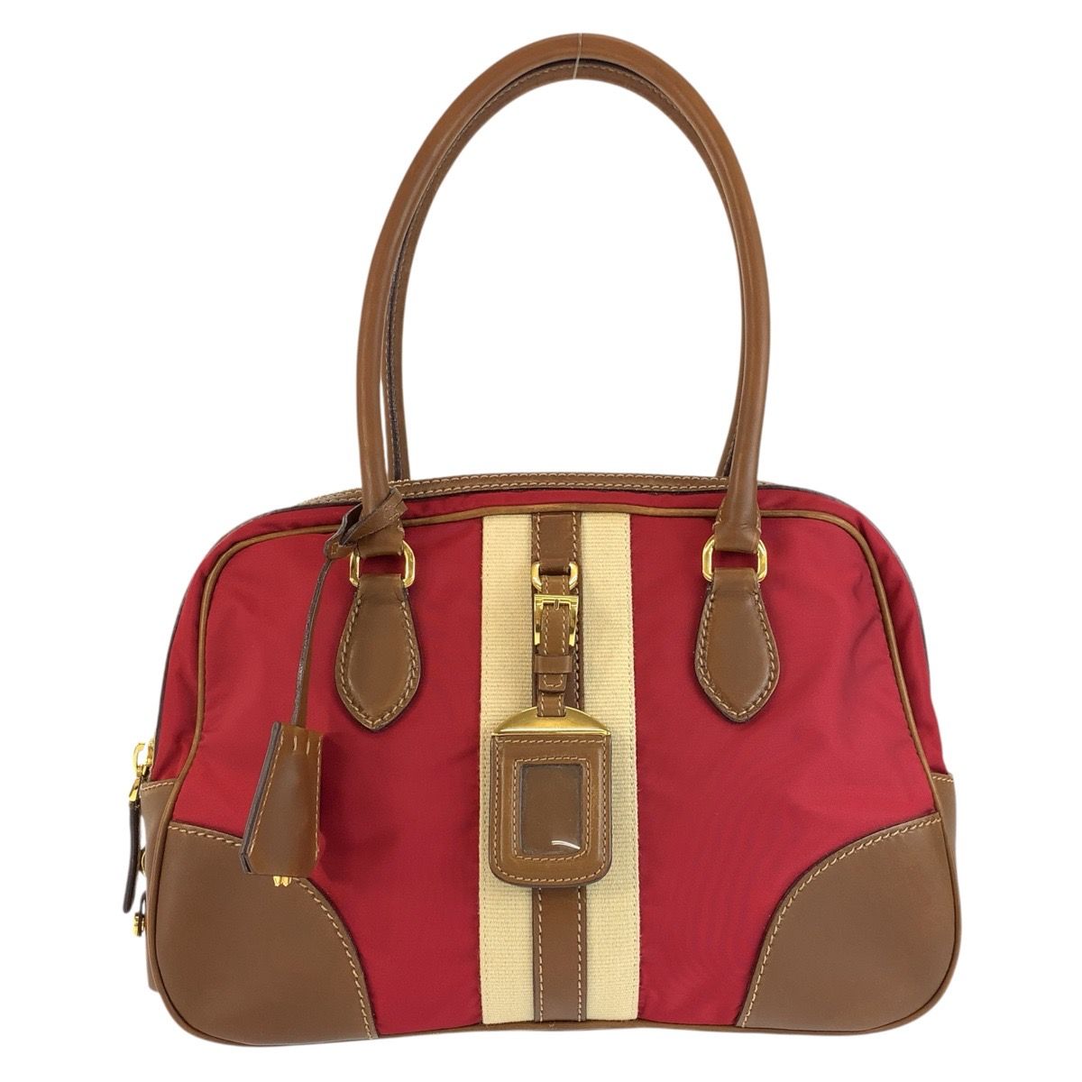 Prada Red Brown Gold Canvas Leather Bowling