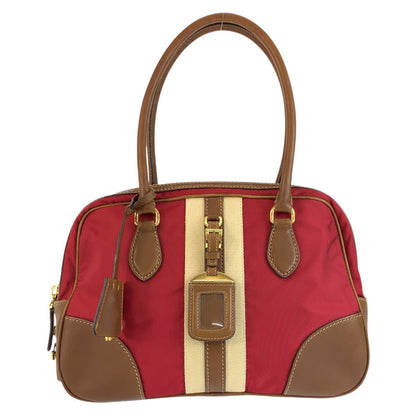 Prada Red Brown Gold Canvas Leather Bowling