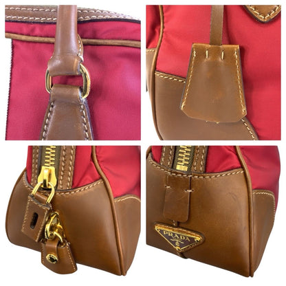 Prada Red Brown Gold Canvas Leather Bowling — view 5