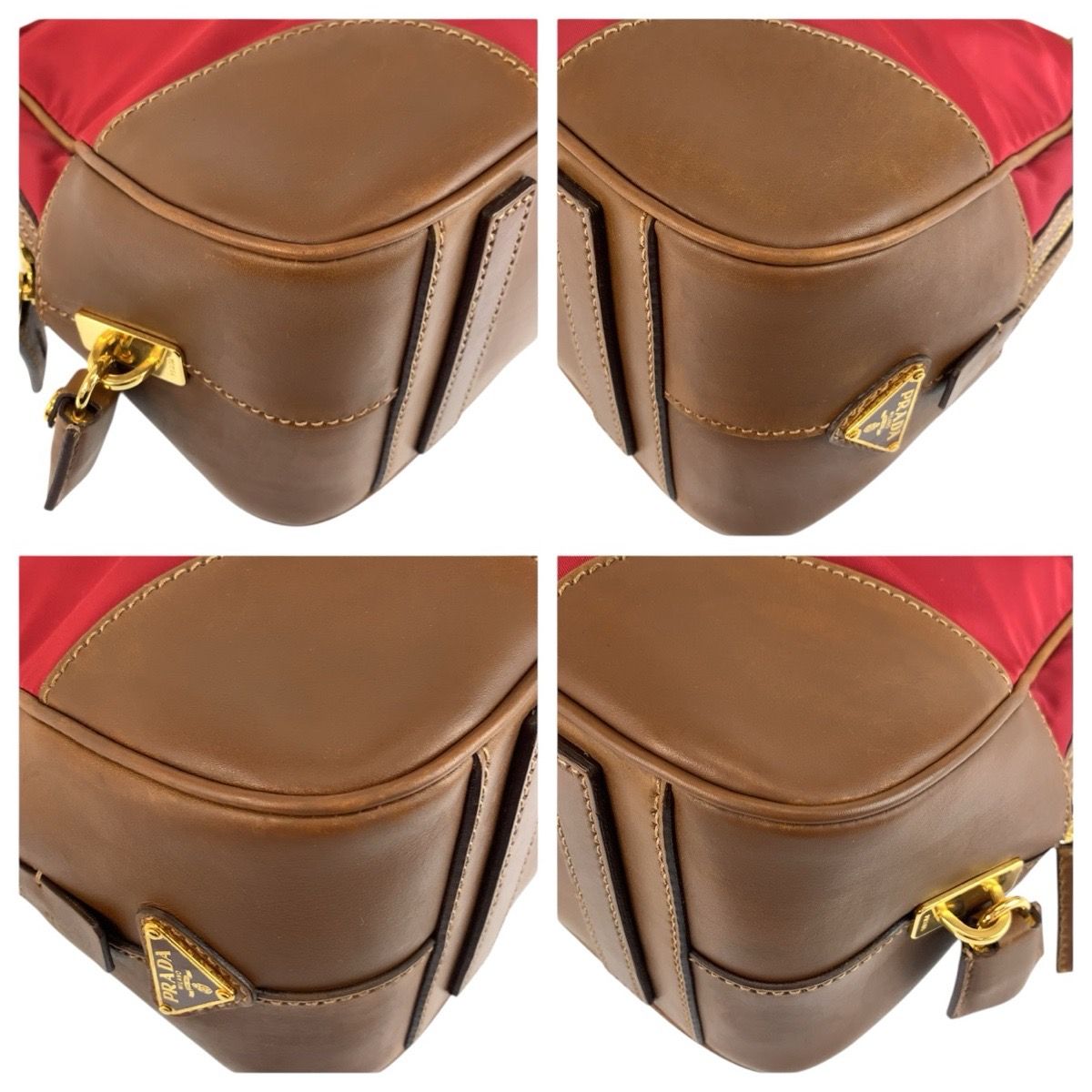Prada Red Brown Gold Canvas Leather Bowling — view 4
