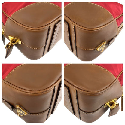 Prada Red Brown Gold Canvas Leather Bowling — view 4