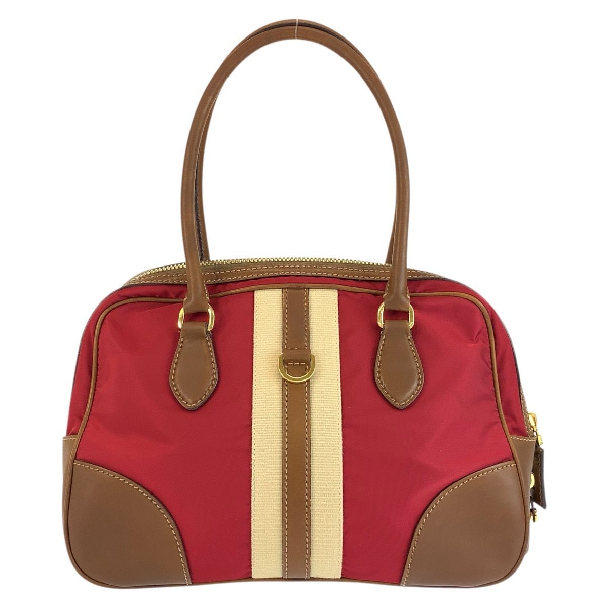 Prada Red Brown Gold Canvas Leather Bowling — view 2